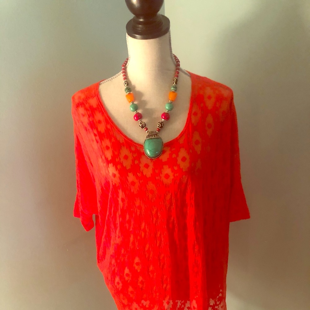 Karen Kane sheer Aztec tangerine pullover top